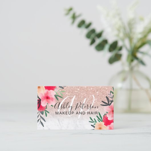 Makeup Haar Blumenmarmor Rose Gold Glitzer Visitenkarte (Stehend Vorderseite)