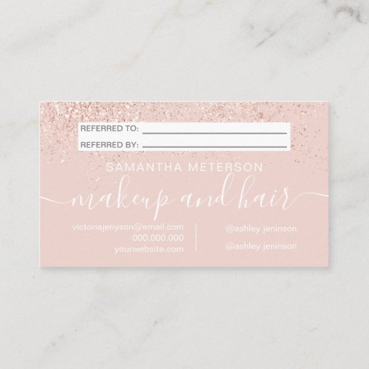Makeup Haar Rose Gold Glitzer Erröten teilen Liebe Empfehlungskarte (Rückseite)