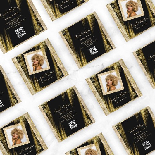 Makeup Hair Custom Foto QR Code Black Gold einziga Quadratische Visitenkarte