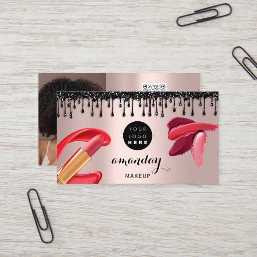 Makeup Hair Red Lipstick Silver Foto QRCode Gloss Visitenkarte (Vorderseite/Rückseite Beispiel)