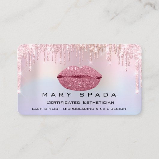 Makeup Kiss Lips Pink Holographic Tropfen Visitenkarte (Vorderseite)