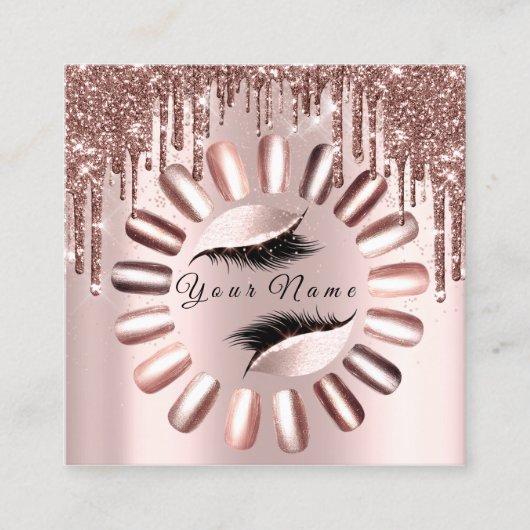 Makeup Lashes Glitzer Rose Nägel Maniküre Quadratische Visitenkarte (Vorderseite)