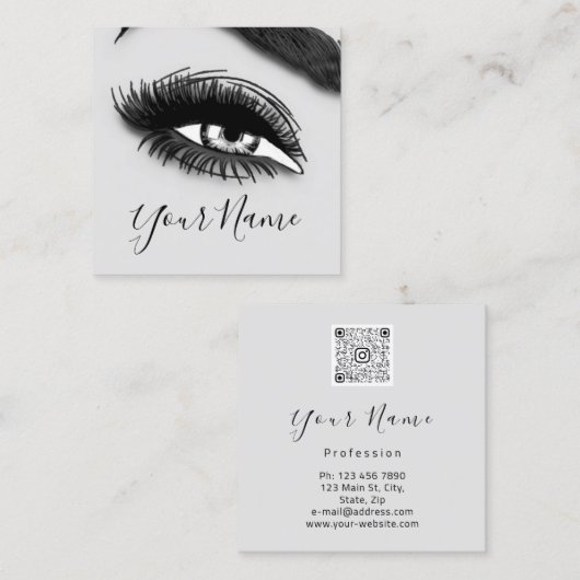 Makeup Lashes Grey Microblade Logo QR Code Quadratische Visitenkarte (Vorne/Hinten)