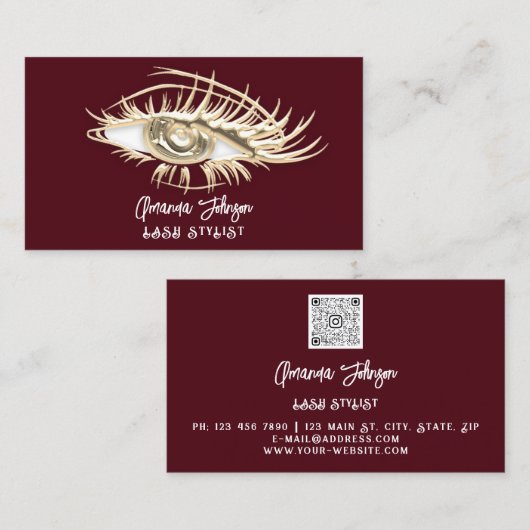 Makeup Logo Burgundy Gold Eyelash Qr Code Visitenkarte (Vorne/Hinten)
