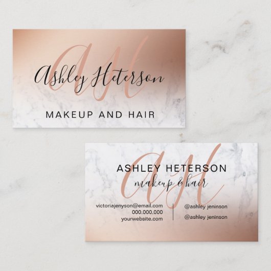 Makeup-Marmor-Rose Goldfolie-Skript mit Monogramm Visitenkarte (Vorne/Hinten)