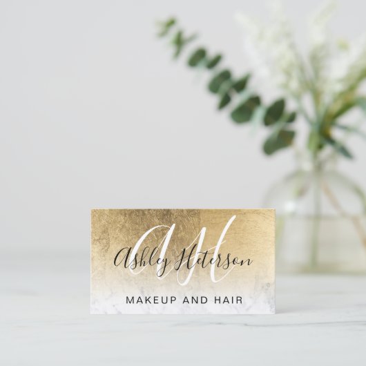 Makeup mit Monogramm Goldfolie-Marmor-Skript Visitenkarte (Stehend Vorderseite)