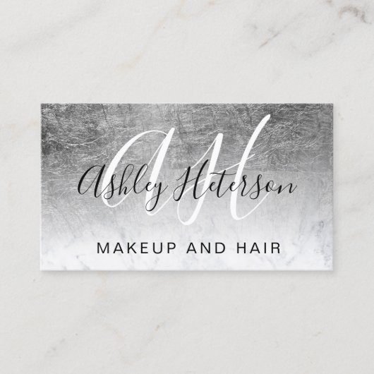 Makeup mit Monogramm Silber-Folie Marmorskript Visitenkarte (Vorderseite)