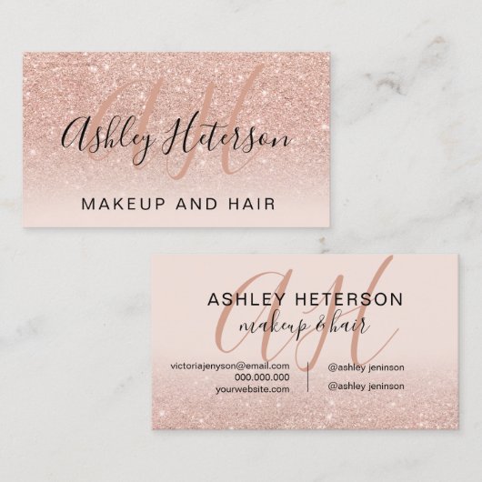 Makeup mit Monogramm Skript-Rose Gold Glitzer Visitenkarte (Vorne/Hinten)