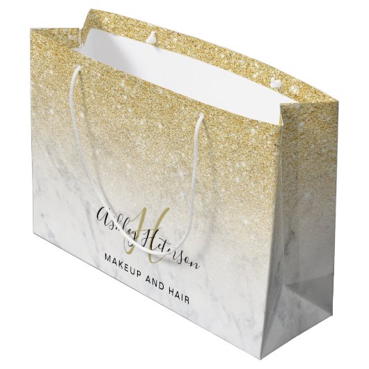 Makeup monogram Gold Glitzer Skript Große Geschenktüte (Rückseite Schrägansicht)