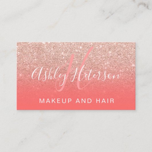 Makeup Monogramm Korallen Rose Gold Glitzer Skript Visitenkarte (Vorderseite)
