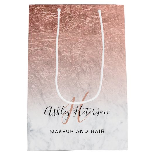 Makeup Monogramm Marmor Rose Gold-Folie Skript Mittlere Geschenktüte (Rückseite)