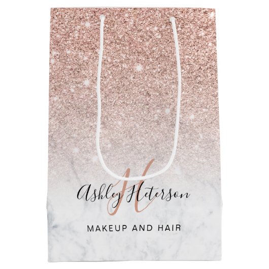 Makeup monogramm Marmor Rose Gold Glitzer Skript Mittlere Geschenktüte (Rückseite)