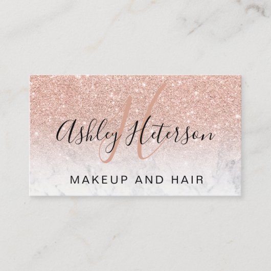 Makeup monogramm Marmor Rose Gold Glitzer Skript Visitenkarte (Vorderseite)