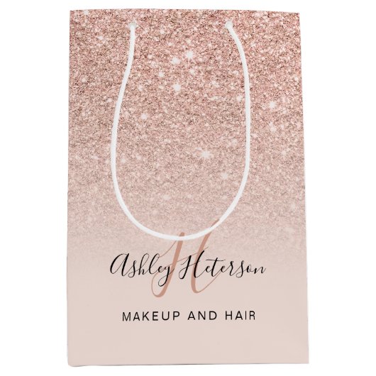 Makeup-Monogramm-Rose-Gold-Glitzer-Skript Mittlere Geschenktüte (Vorderseite)