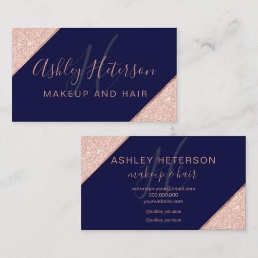Makeup Monogramm Rose Gold Glitzer Stripe blau Visitenkarte (Vorne/Hinten)