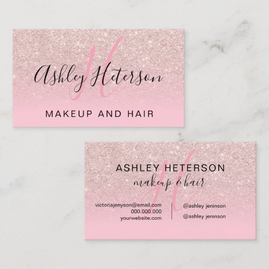 Makeup Monogramm Skript Rose Gold Glitzer rosa Visitenkarte (Vorne/Hinten)