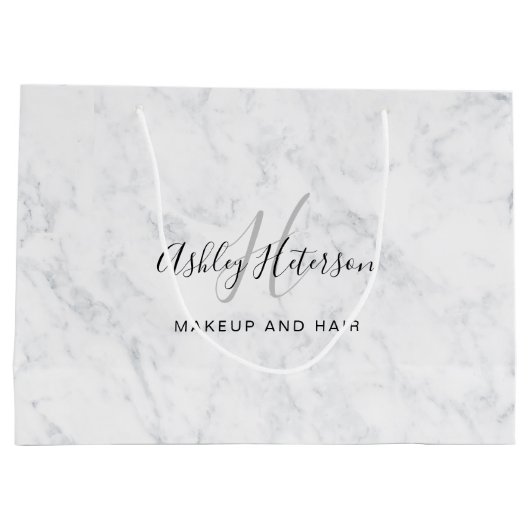 Makeup Monogramm weiße Marmorskripttypografie Große Geschenktüte (Rückseite)