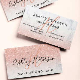 Makeup monogrammed marble rose gold glitter script visitenkarte