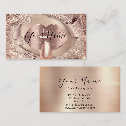 Makeup Nails Rose Gold Kiss Lips Glitzer Visitenkarte (Vorne/Hinten)