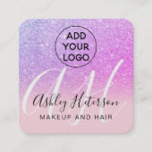 Makeup Pink purple glitter logo monogram Quadratische Visitenkarte (Vorderseite)