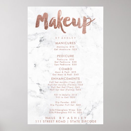 Makeup Preis Typografie Rose Gold Weißmarmor Poster (Vorne)