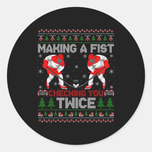 Making A Fist Checking You Twice Ugly Ice Hockey C Runder Aufkleber (Vorderseite)