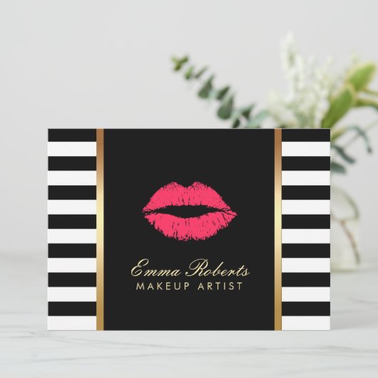 Making Artist Red Lips Modern Schwarz-weiße Streif Einladung (Stehend Vorderseite)