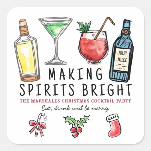 Making Spirits Bright Drinks Weihnachtscocktail Quadratischer Aufkleber (Vorderseite)
