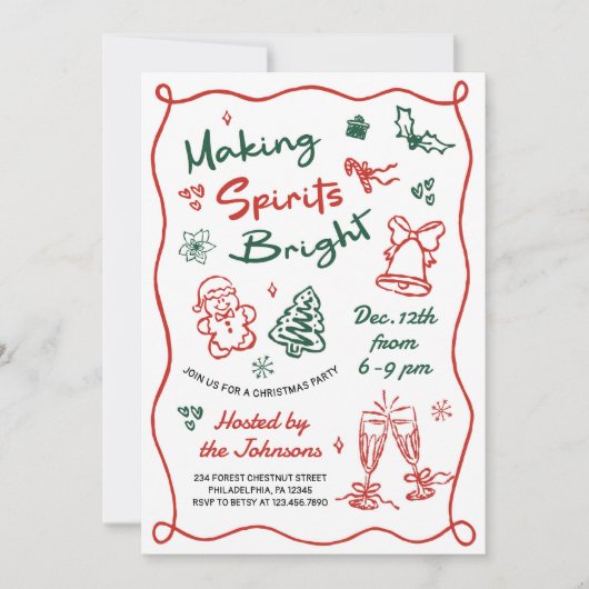 Making Spirits Bright Hand Drawn Christmas Party Einladung (Vorderseite)