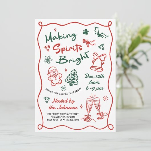 Making Spirits Bright Hand Drawn Christmas Party Einladung (Stehend Vorderseite)