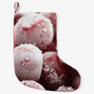 Makro gefrorene Beeren, Nahtextur. Kleiner Weihnachtsstrumpf