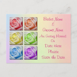 Makro-Regenbogen-Rose, die das Datum speichern Ankündigungspostkarte