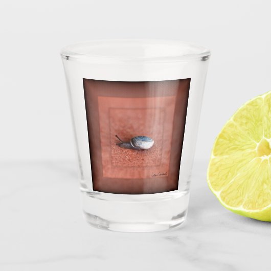 Makroaufnahme der Schnecke auf der Terracotta Schnapsglas (Vorderseite)