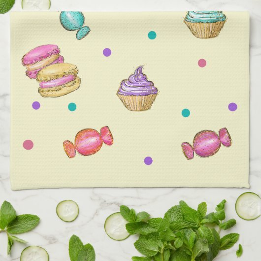 Makronen-Cupcakes-Lollipops und -Donuts Geschirrtuch (Gefaltet)