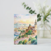 Malaga Spanien Stadtbild Wasserfarben Malerei Postkarte (Stehend Vorderseite)
