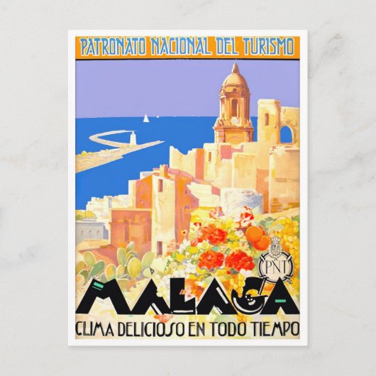 Malaga Spanien Vintage Postkarte (Vorderseite)
