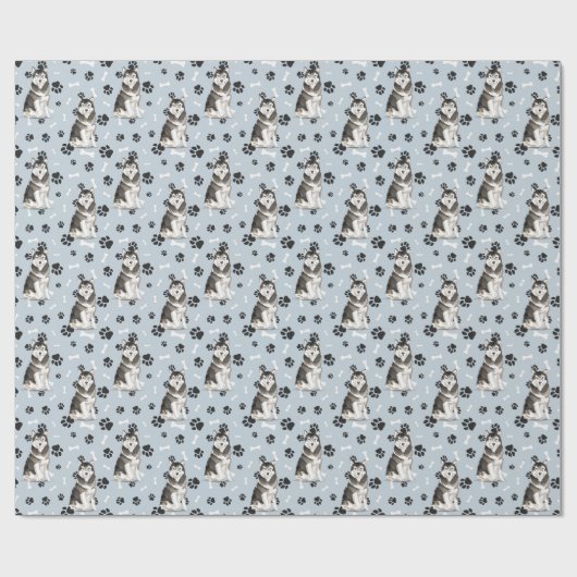 Malamute Dog Paw Print Pattern auf Silver Blue Geschenkpapier (Flach)