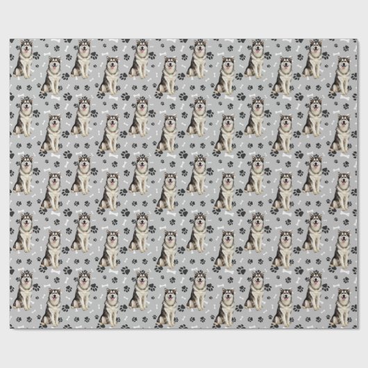 Malamute Dog Paw Print Pattern auf Silver Grau Geschenkpapier (Flach)