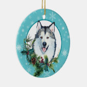 Malamute Evergreen Blue Snowflake Border Keramik Ornament (Rechts)