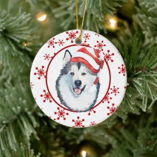 Malamute Weihnachtsmannmütze Snowflake Keramik Orn Ornament