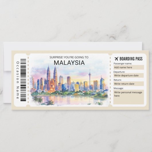 Malaysia-Reise-Boarding-Pass-Ticket Einladung (Vorderseite)