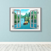 Malaysia Relief boat Ocean Mountains Falwindow Leinwanddruck (Insitu (Holzboden))