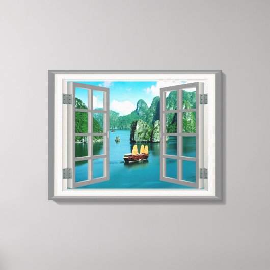 Malaysia Relief boat Ocean Mountains Falwindow Leinwanddruck (Vorderseite)