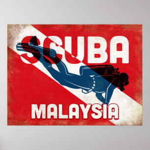 Malaysia Scuba Diver - Blue Retro Poster
