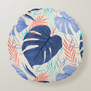 Maleah Monstera Tropical Hawaiian Watercolor- Blau Rundes Kissen