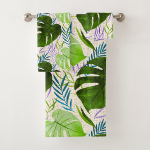 Maleah Monstera Tropical Hawaiian Watercolor-Green Badhandtuch Set