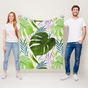 Maleah Monstera Tropical Hawaiian Watercolor-Green Fleecedecke