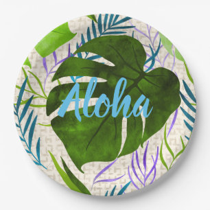 Maleah Monstera Tropical Hawaiian Watercolor-Green Pappteller