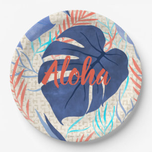 Maleah Monstera Tropisch Hawaiian Aquarell - Blau Pappteller