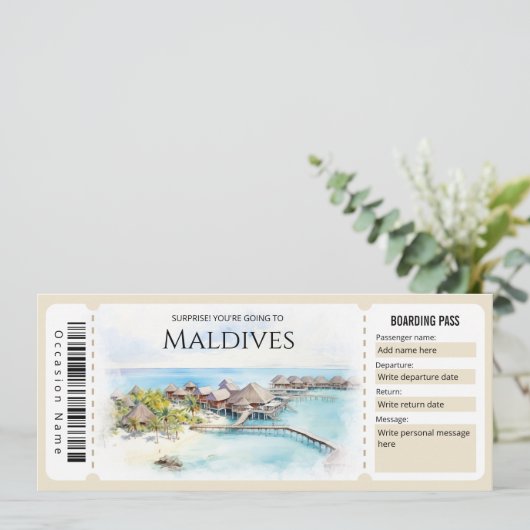 Malediven Flugzeug Boarding Pass Ticket Einladung (Stehend Vorderseite)